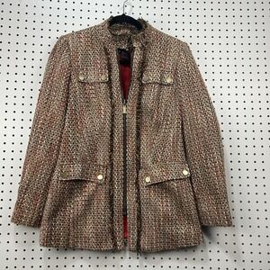Etcetera Tweed Jacket Womens 6 Brown Red Gold Button Zip Blazer Career Chanel